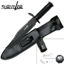 14" Black survival knife with survival kit in handle